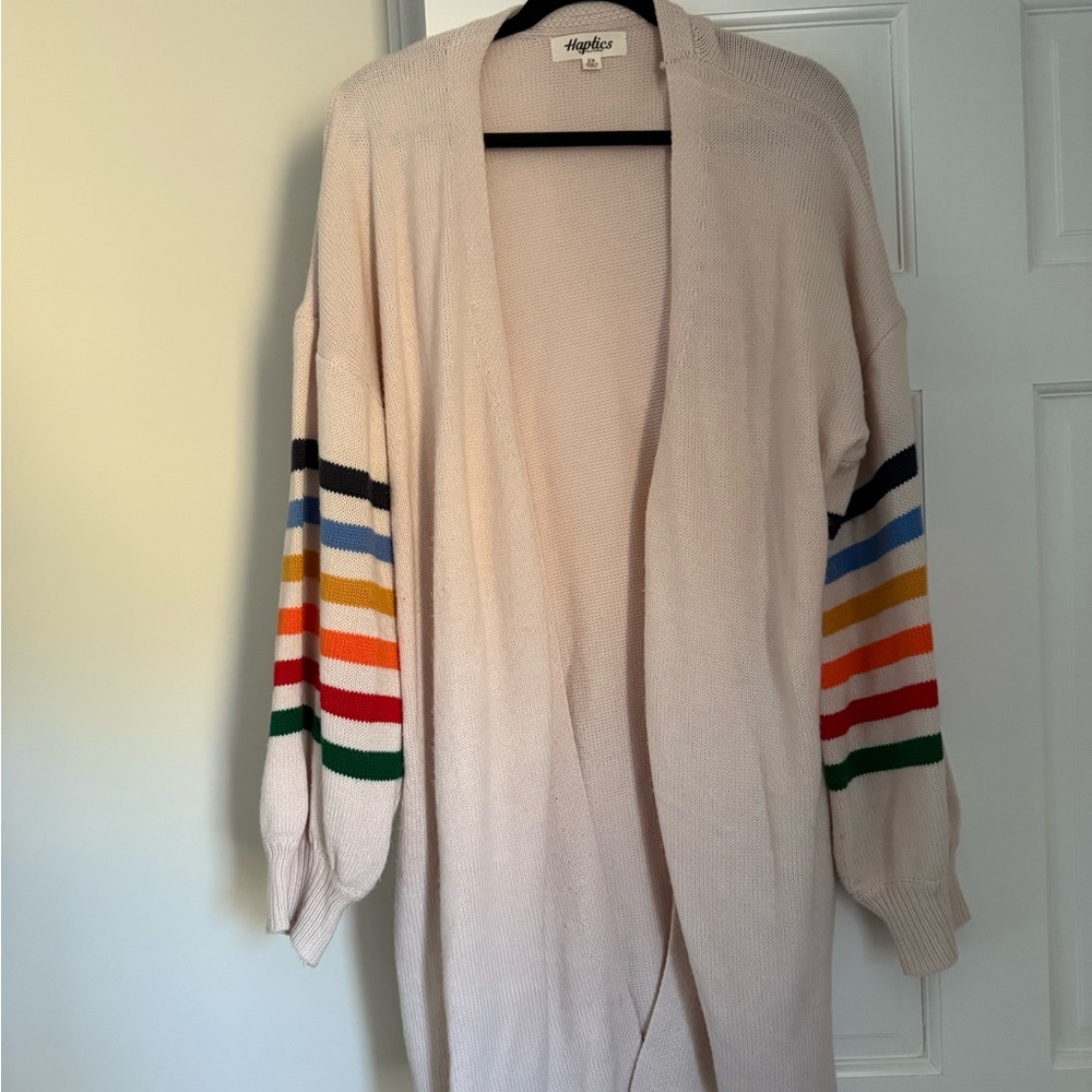 Cream Cardigan with Rainbow Stripes